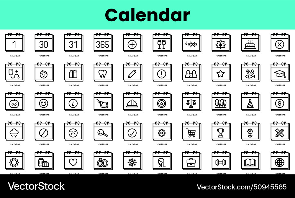 Set of calendar icons linear style icon bundle Set of calendar icons linear style icon bundle vector image