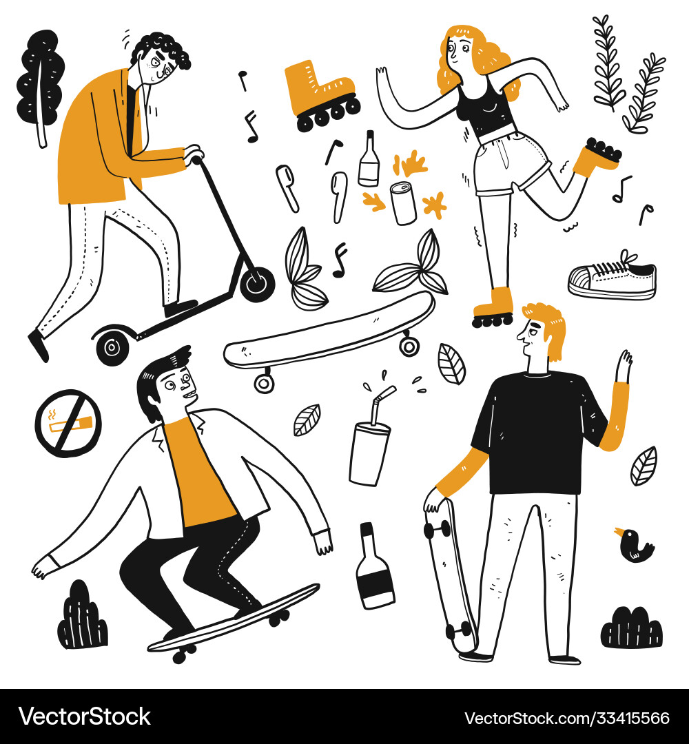 Skateboarding Characters Doodle vector image
