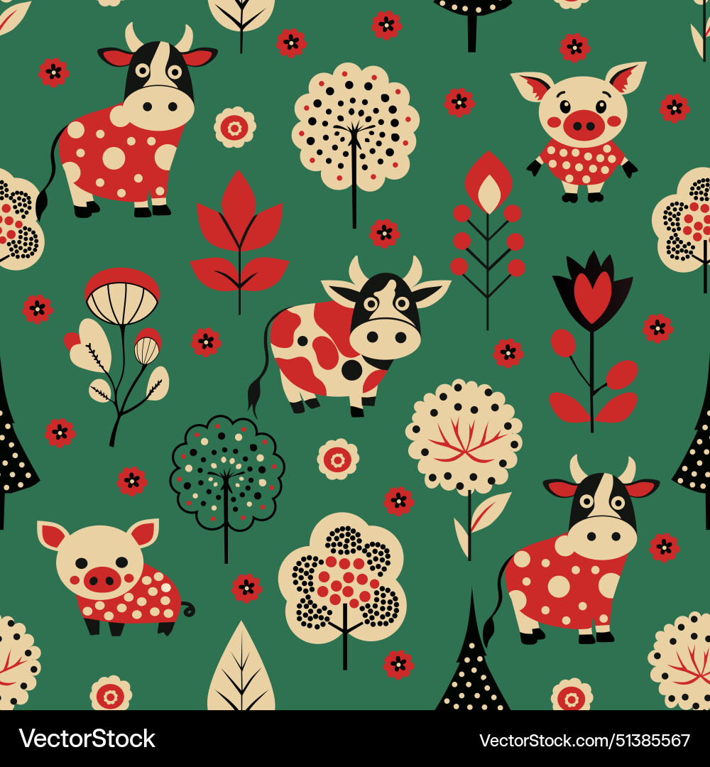 Piglets and cows in the meadow pattern Vector Image