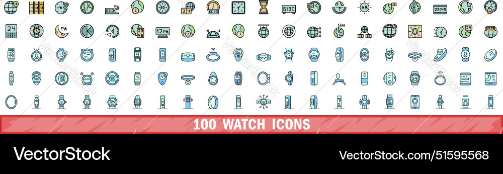 100 watch icons set color line style 100 watch icons set color line style vector image