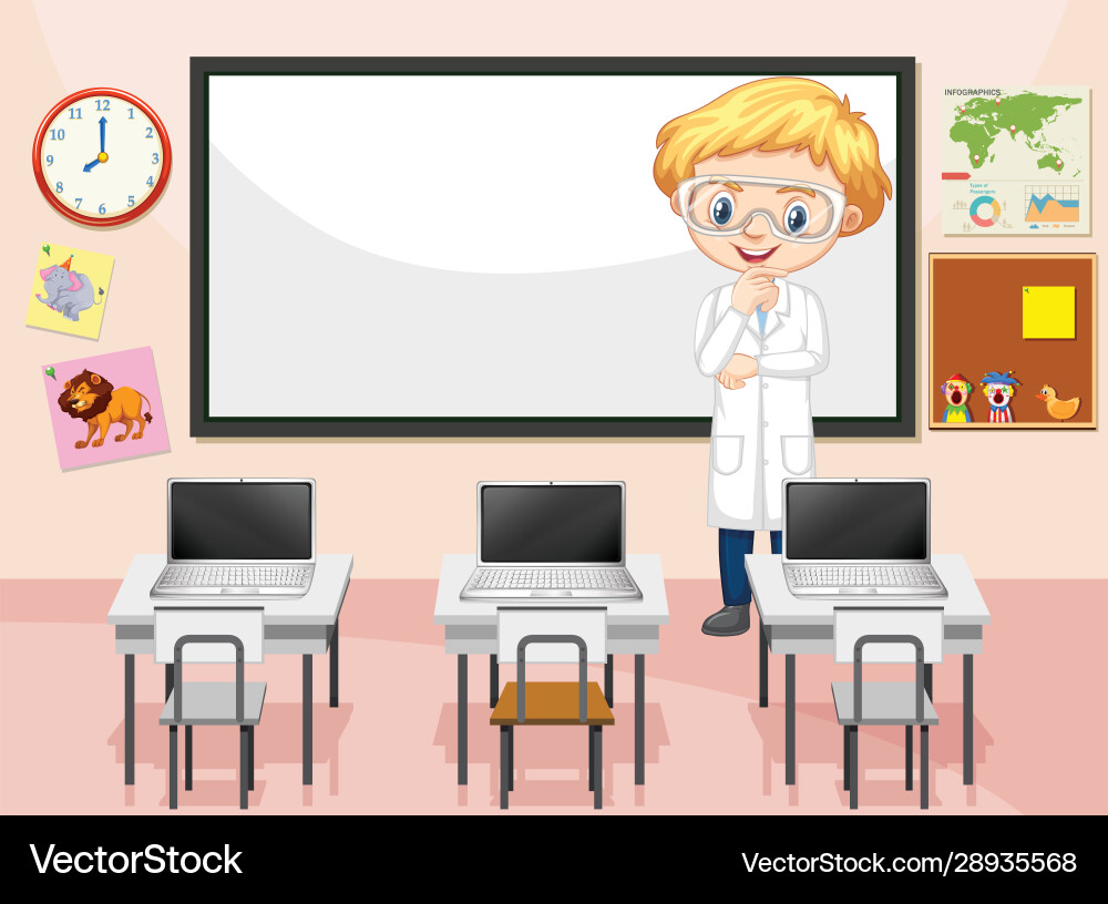 Classroom scene with science teacher and computers Classroom scene with science teacher and computers Vector Image
