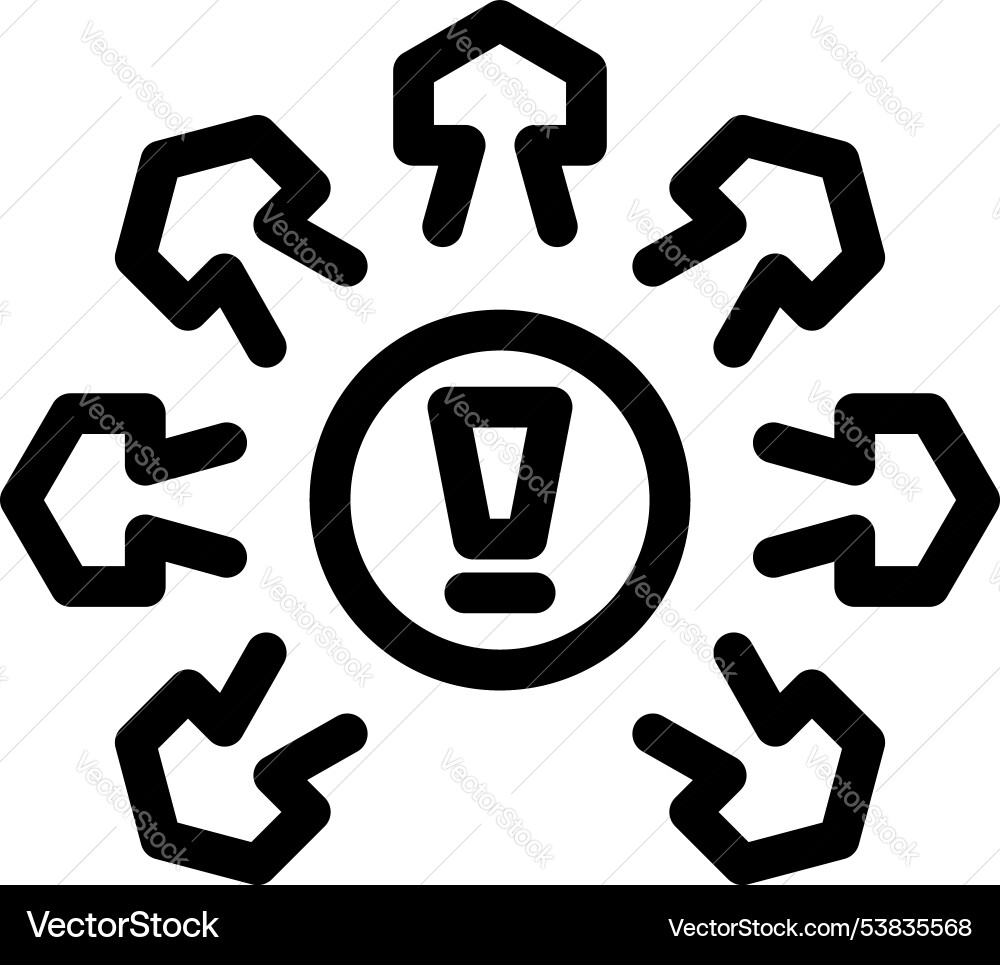Exclamation mark surrounded by arrows pointing Exclamation mark surrounded by arrows pointing vector image