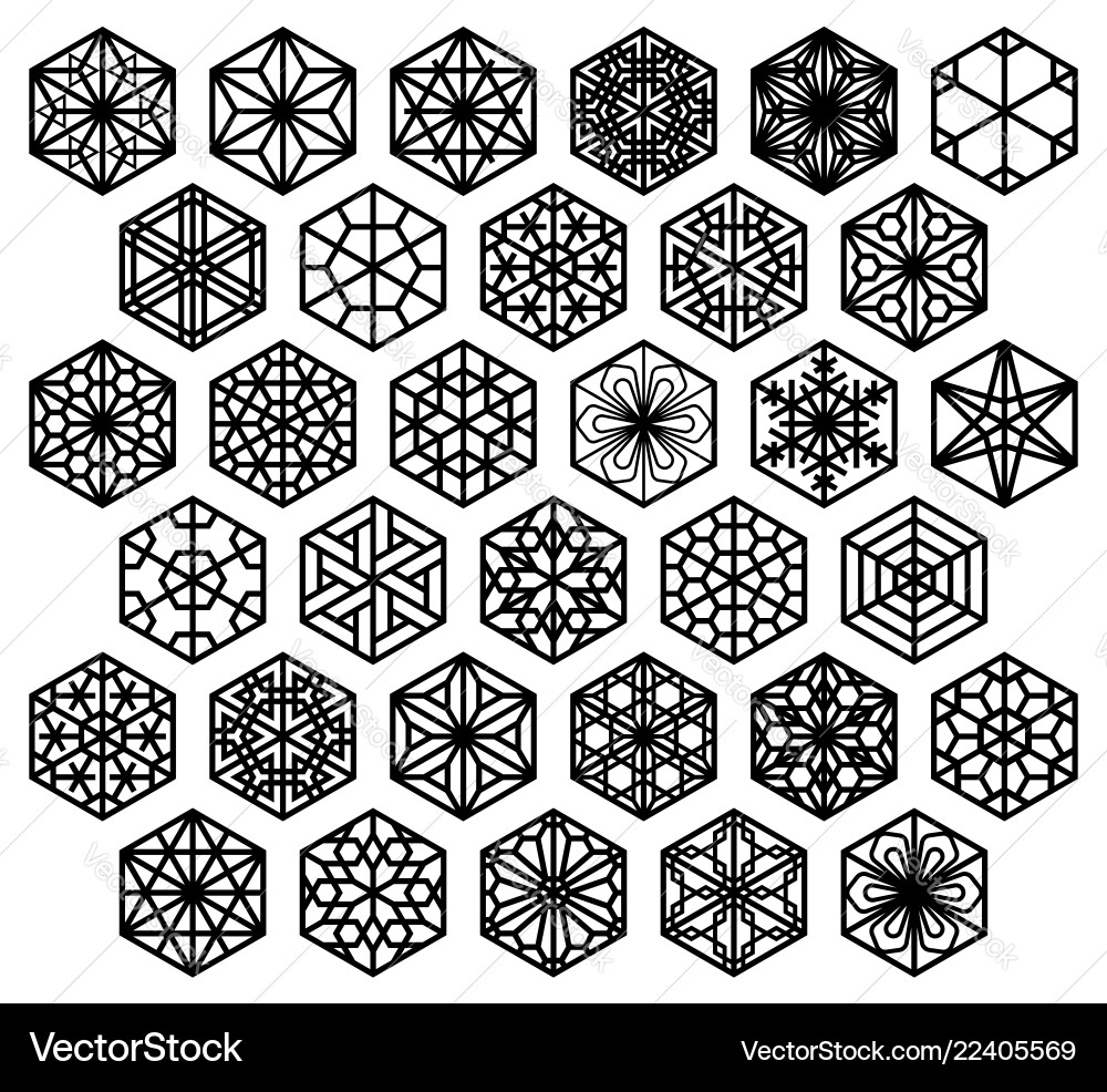 Japanese Kumiko Hexagonal Ornament Set Royalty Free Vector