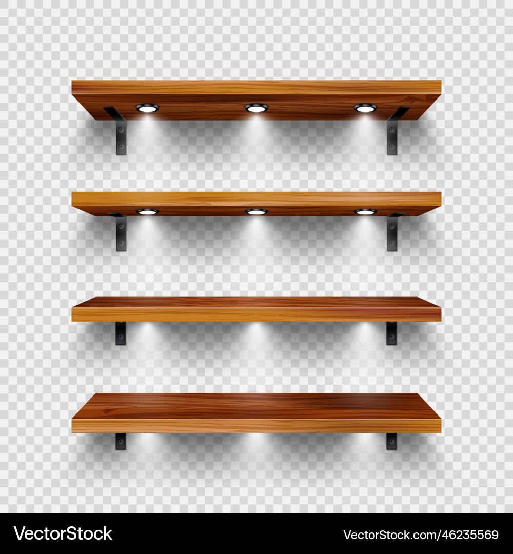 Realistic wooden store shelves with wall mount Realistic wooden store shelves with wall mount vector image