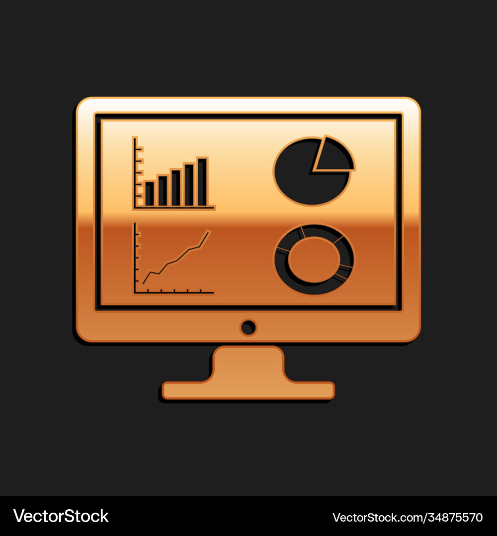 Gold computer monitor with graph chart icon Vector Image
