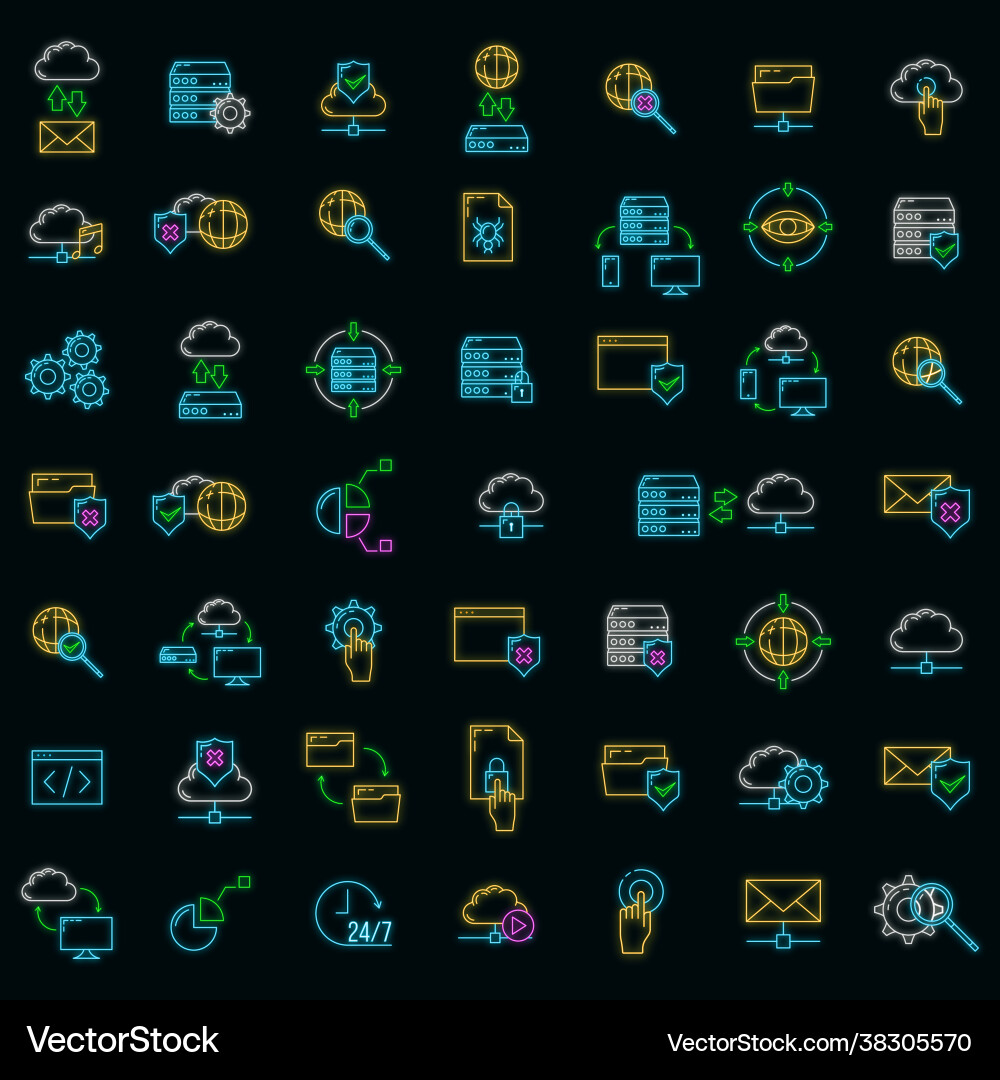 Set online database computer cloud icon neon Vector Image