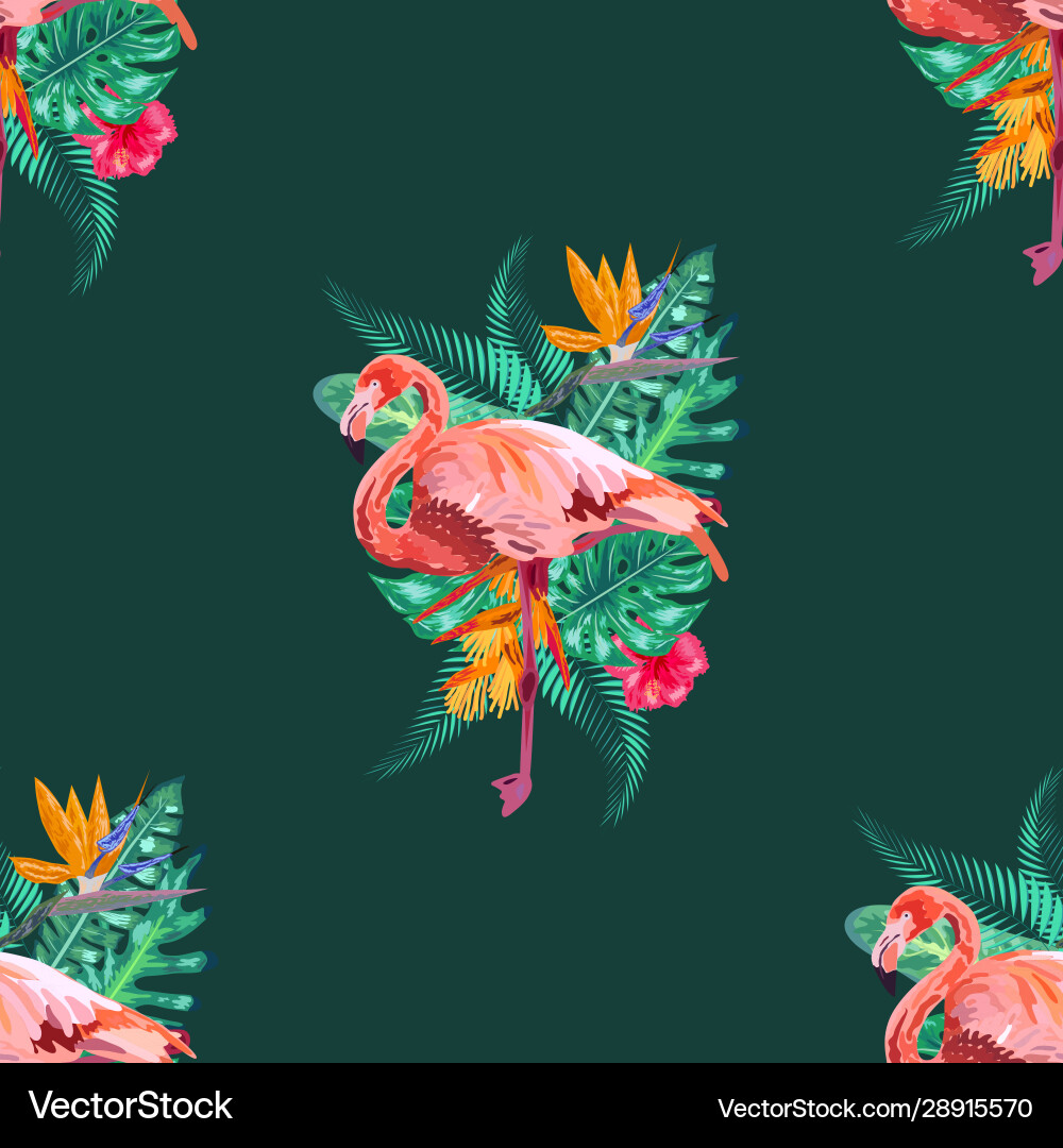 Tropical bird pink flamingo and flowers hibiscus Vector Image