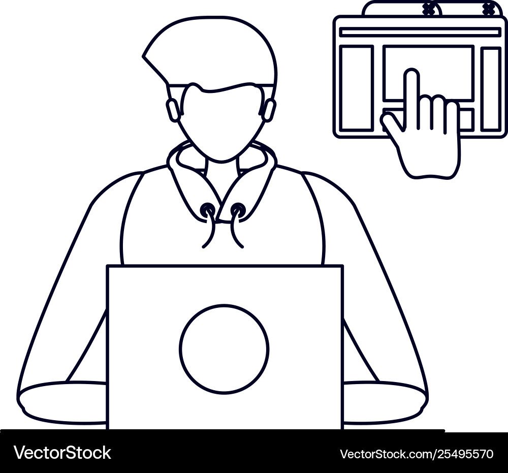 Young man using laptop in webpage template Vector Image