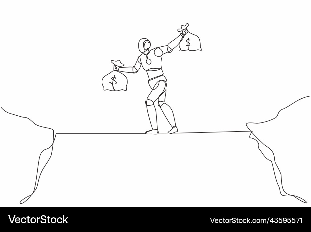 Continuous one line drawing robot walk over cliff Vector Image