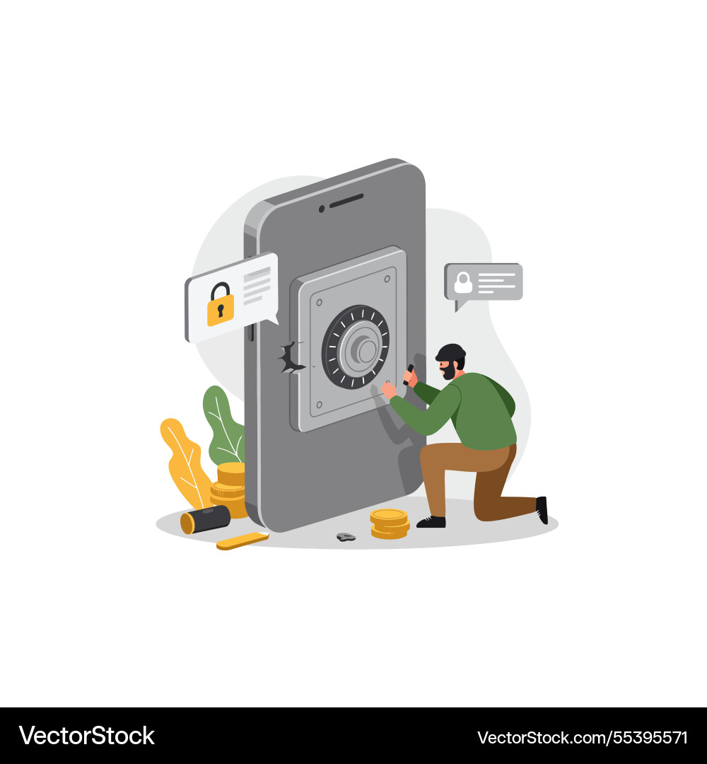 Hacker cracking smartphone safe with coins Hacker cracking smartphone safe with coins vector image