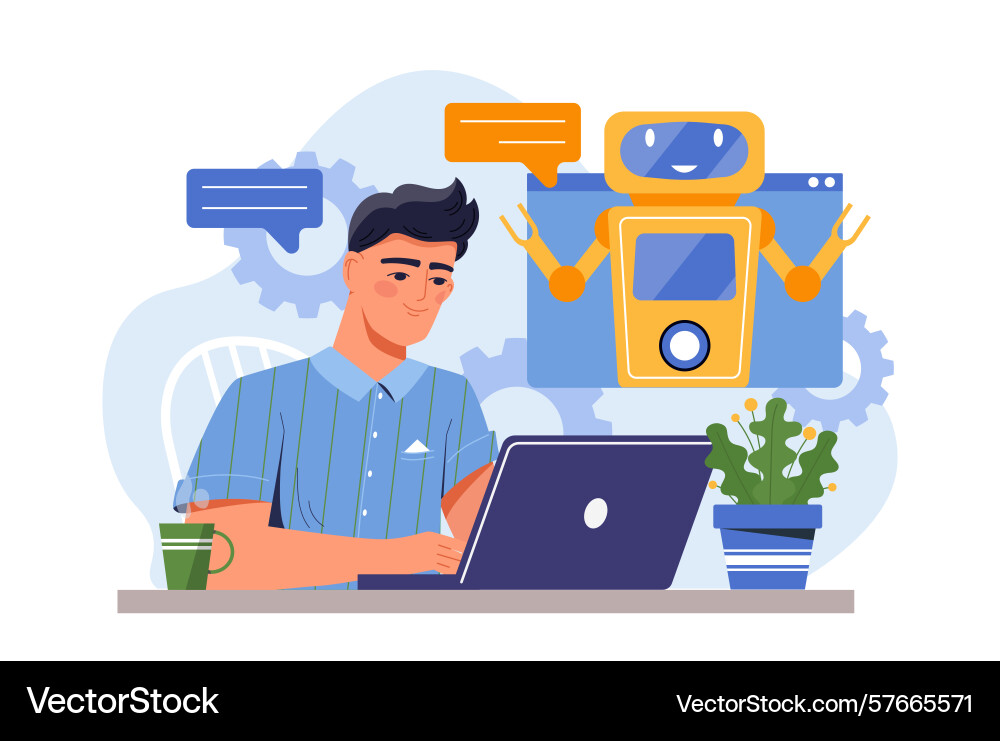 Man chatting with robot assistant online Man chatting with robot assistant online vector image