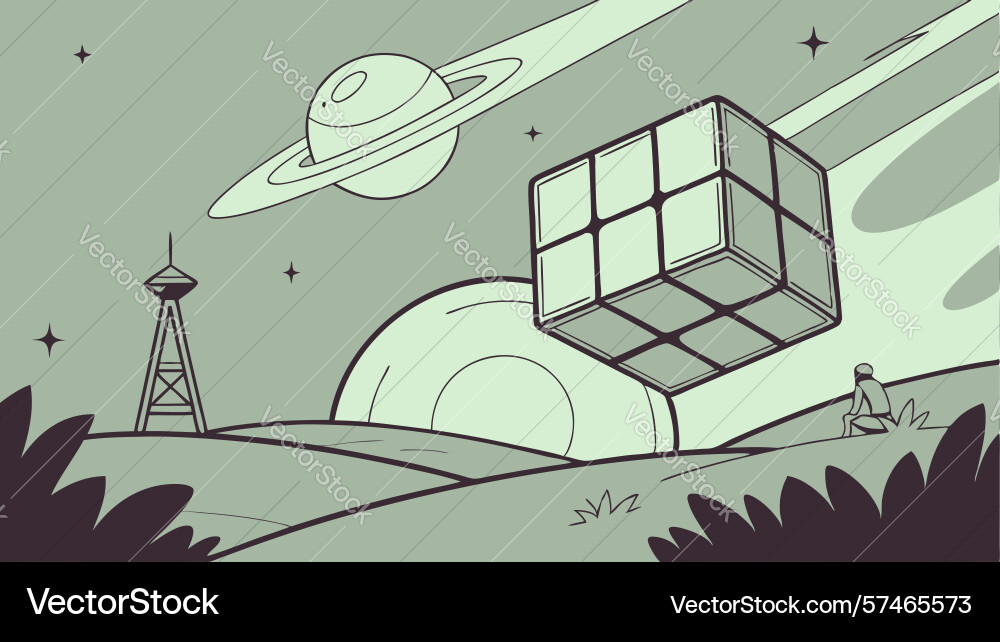 Rubiks cube orbiting a planet with lighthouse vector image