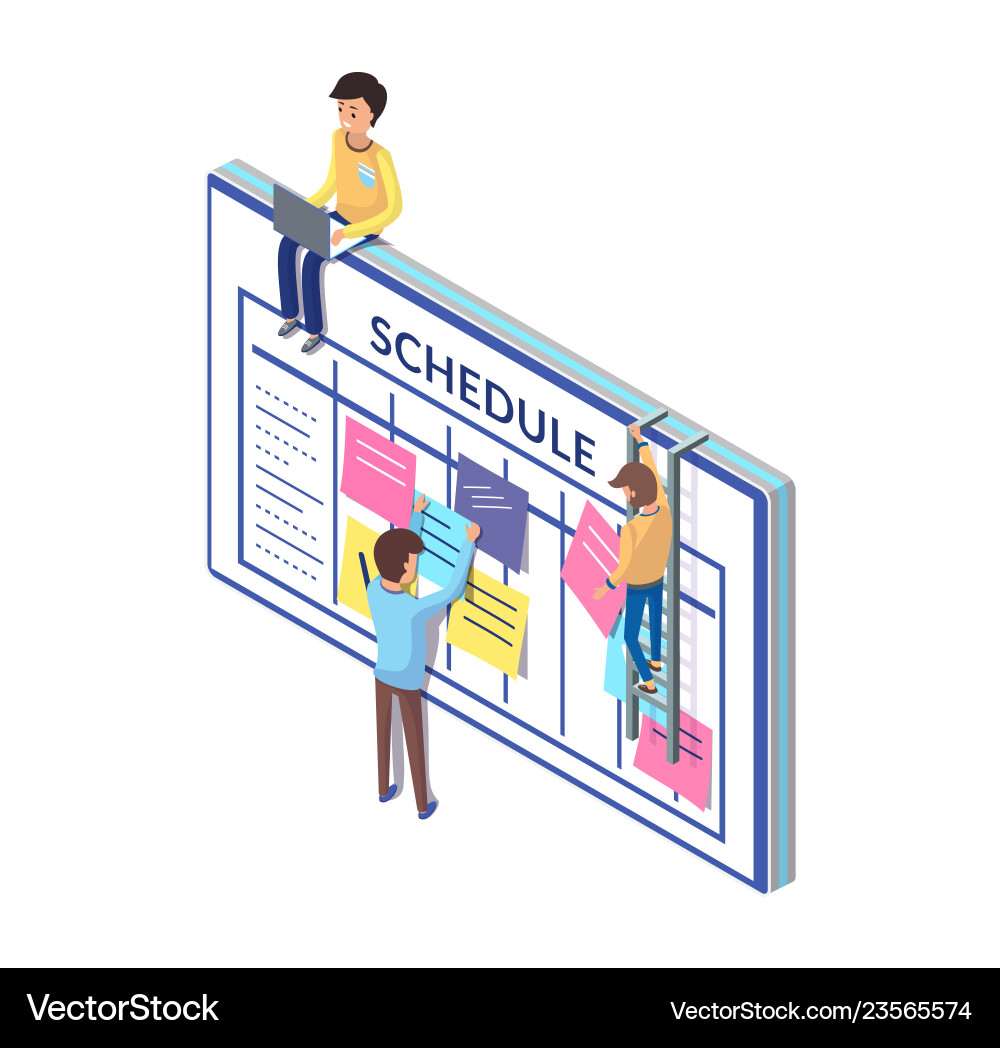 Schedule board and people working on its updating Vector Image