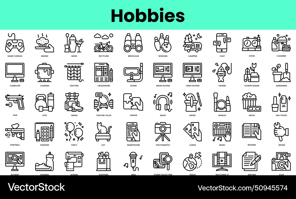 Set of hobbies icons linear style icon bundle vector image