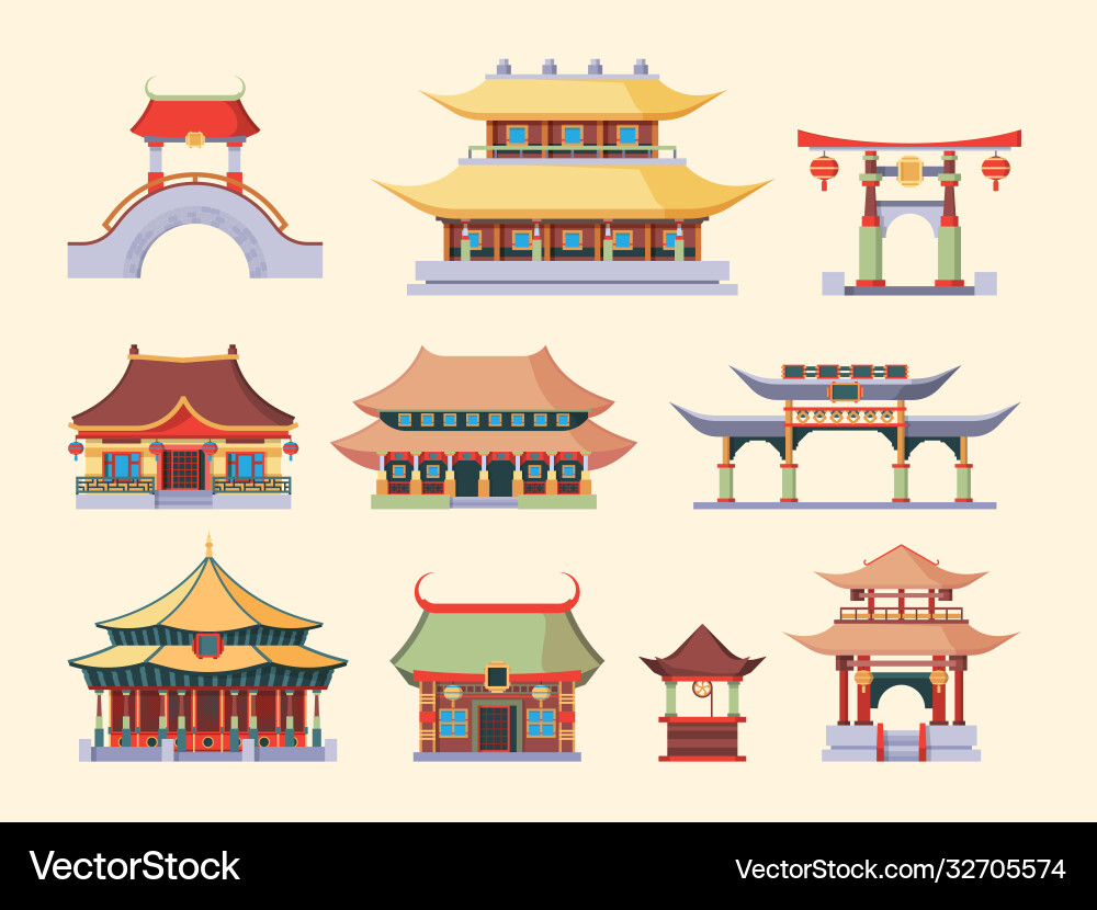 Traditionelle asiatische Paläste und Tempel gesetzt antike Traditionelle asiatische Paläste und Tempel gesetzt antike vektorbild