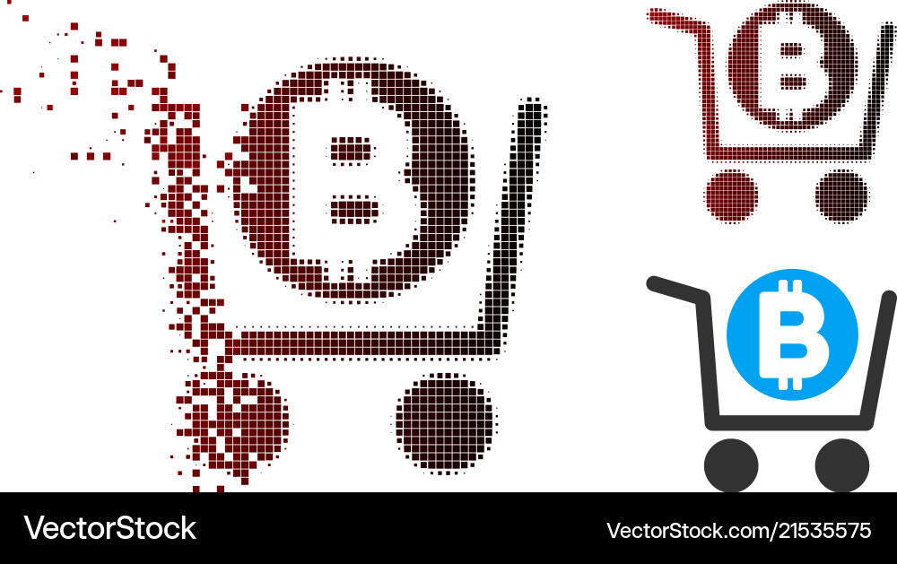 Dissolved pixel halftone bitcoin shopping cart Vector Image