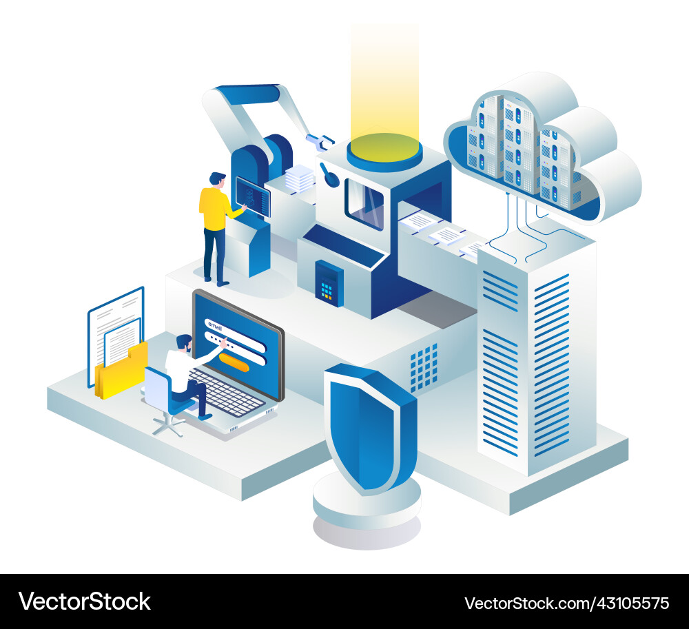Team is processing cloud server data Team is processing cloud server data Vector Image