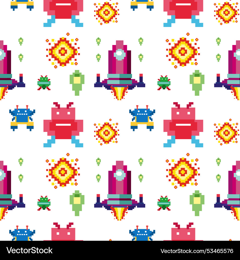 Colorful pixelated robots and spaceships pattern Colorful pixelated robots and spaceships pattern vector image