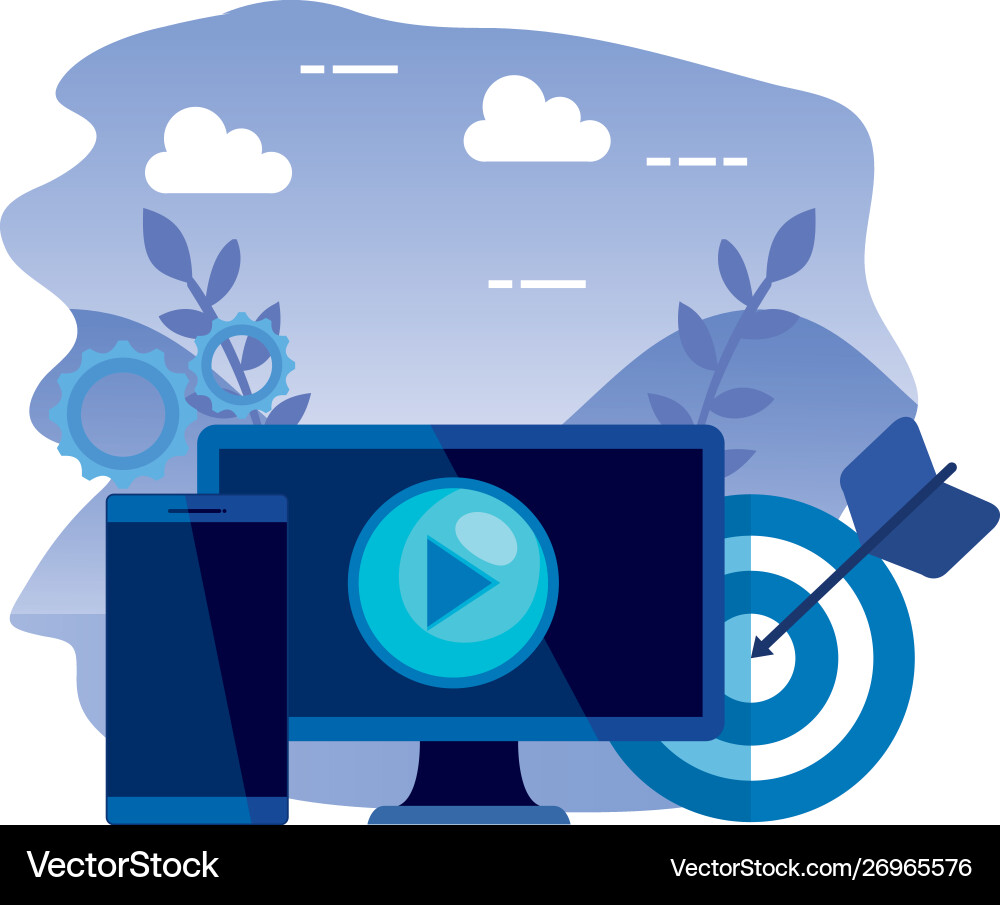 Desktop computer with target and smartphone Vector Image