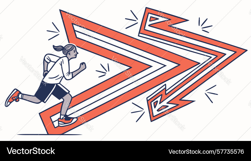 Person running on a dynamic arrow pathway vector image