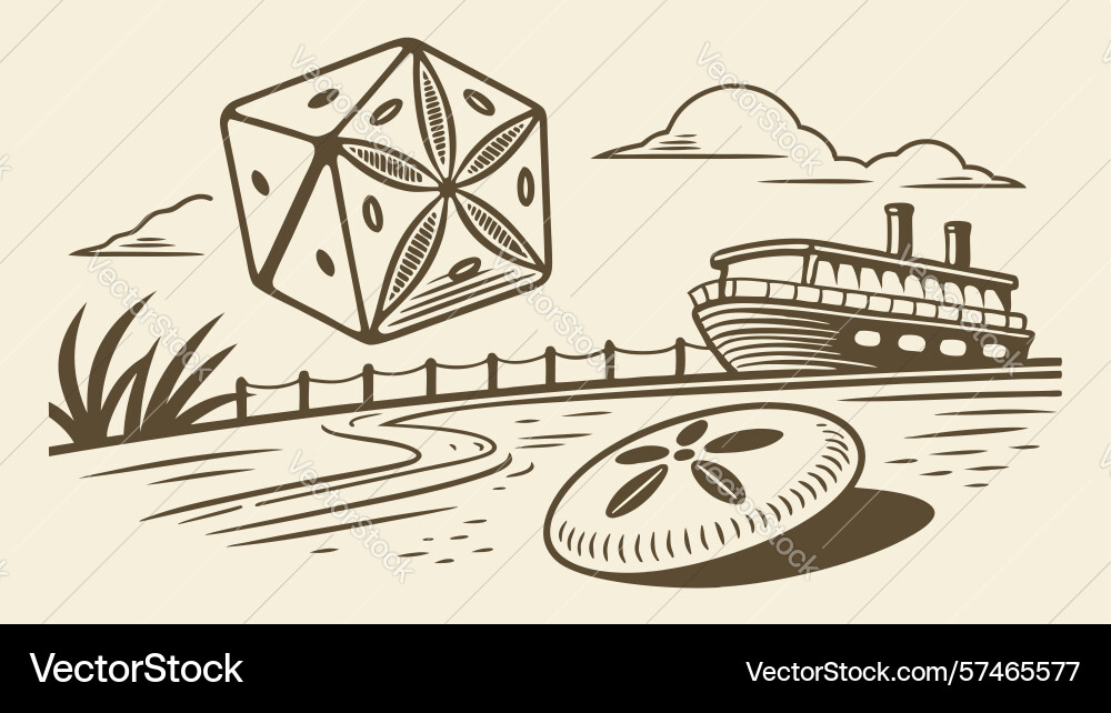Floating dice by a train and coin in abstract Vector Image