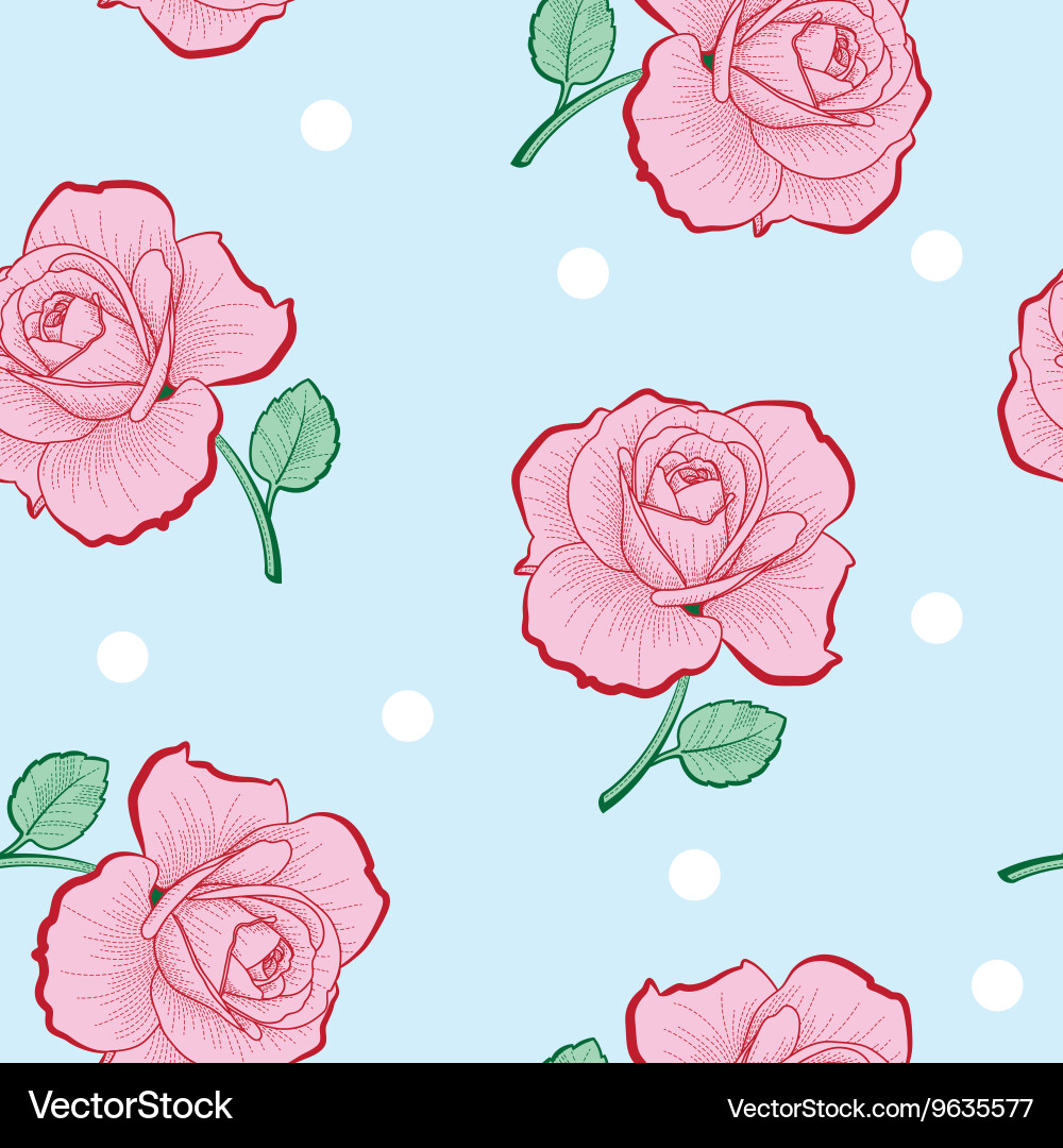 Pink roses and white dots on blue seamless Vector Image