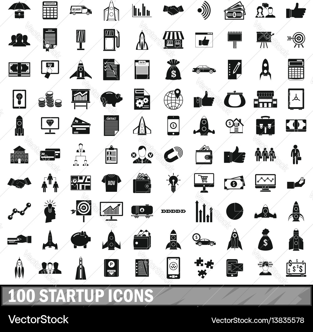 100 startup icons set simple style 100 startup icons set simple style vector image