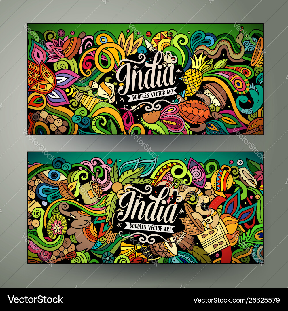 Indien Hand gezeichnet Doodle Banner Set Cartoon Indien Hand gezeichnet Doodle Banner Set Cartoon vektorbild