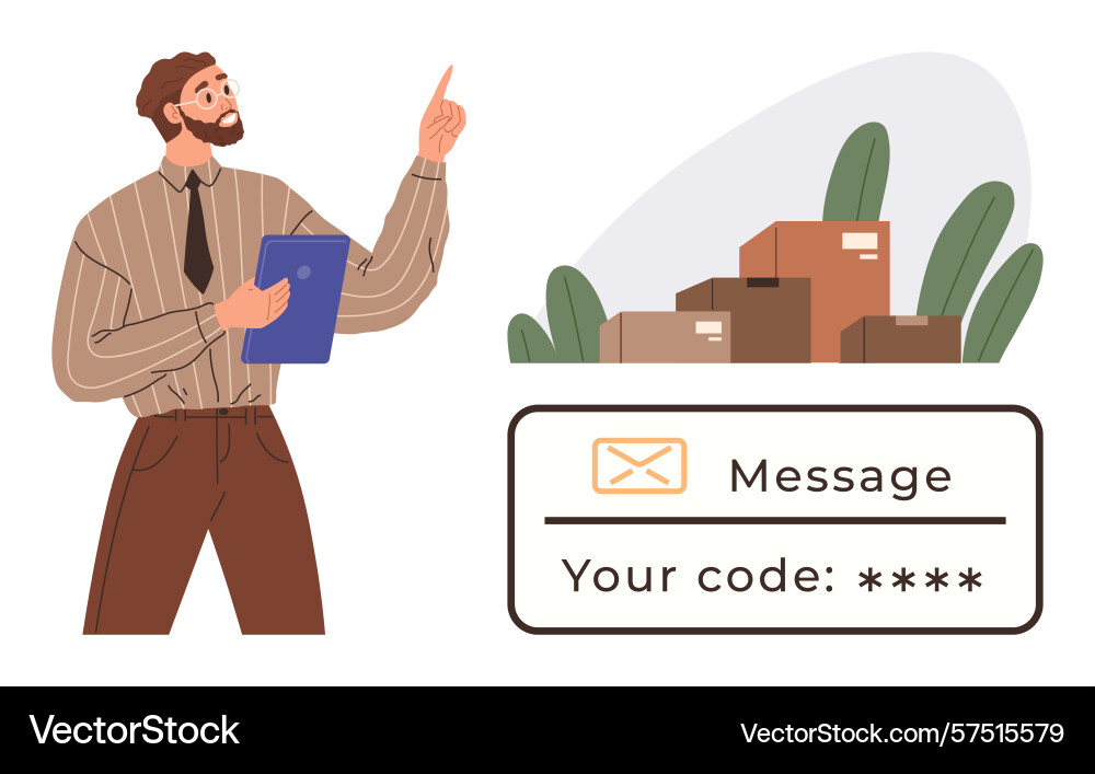 Man pointing with clipboard near stack of boxes Man pointing with clipboard near stack of boxes vector image