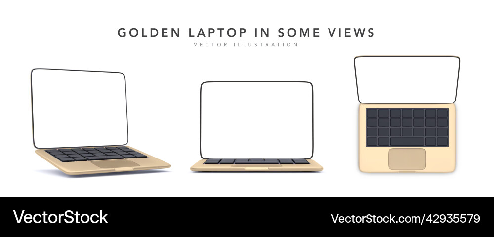 Set of golden 3d realistic laptops in some views Set of golden 3d realistic laptops in some views Vector Image