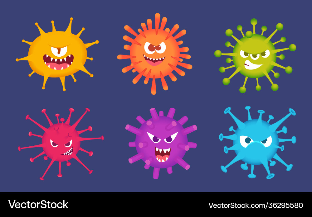 Cute cartoon viruses bacteria emotional faces vector image