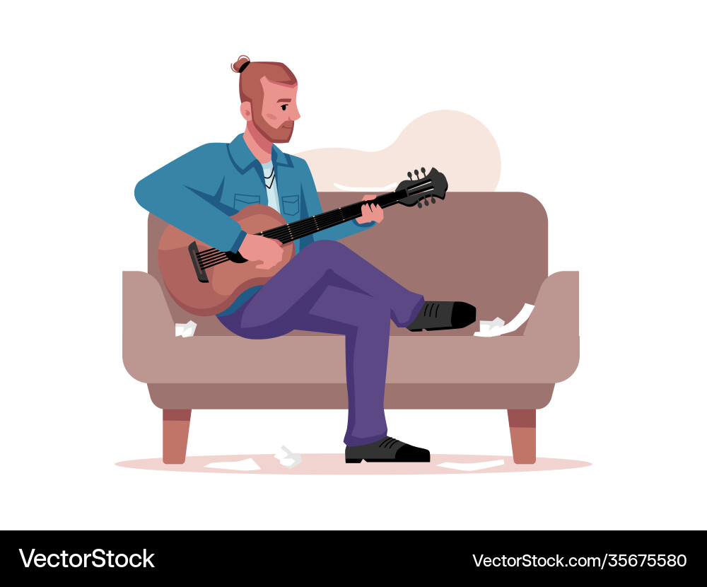 Man on sofa playing string guitar compose songs Man on sofa playing string guitar compose songs vector image
