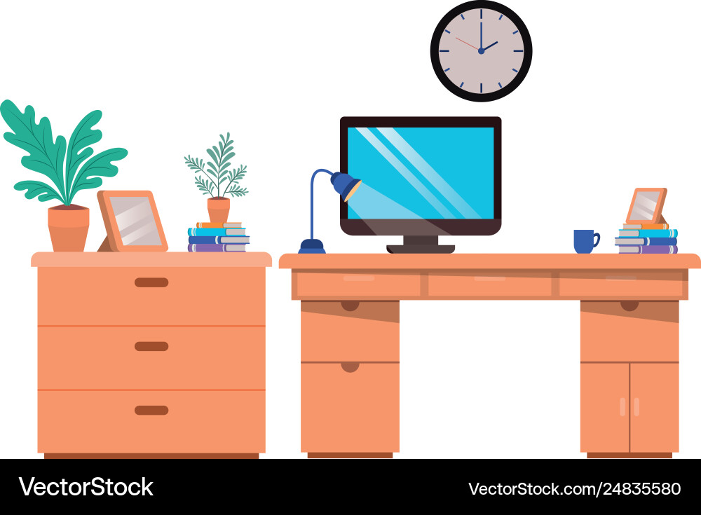 Office desk with computer isolated icon Office desk with computer isolated icon Vector Image