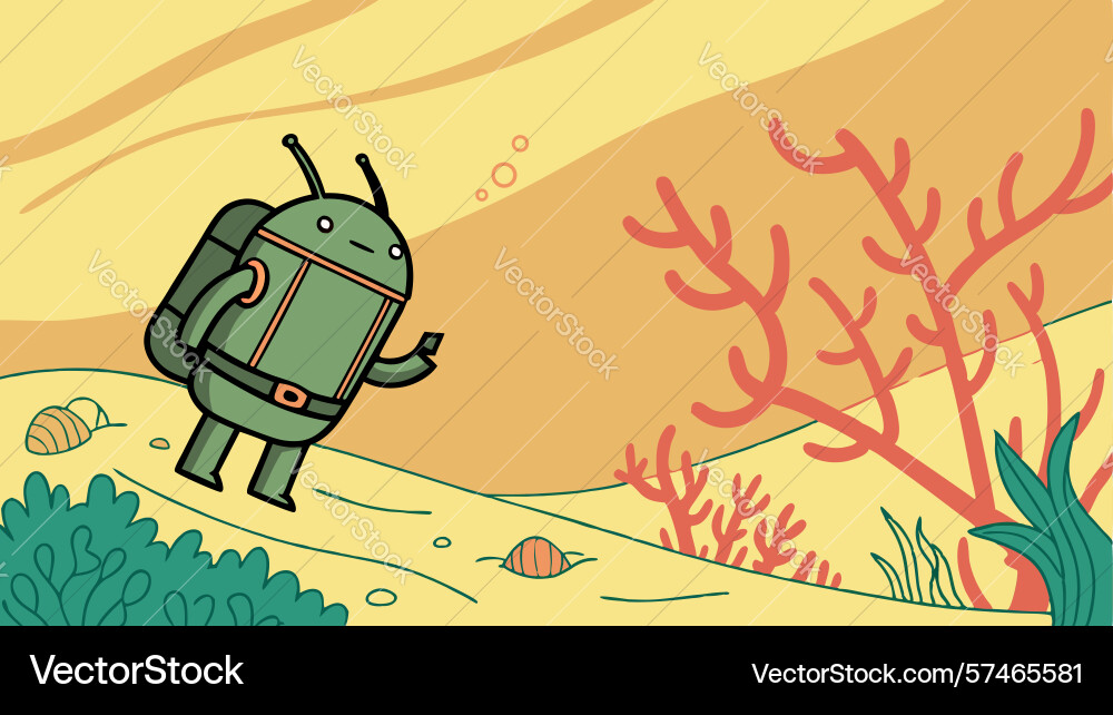 Android robot exploring coral reef design vector image