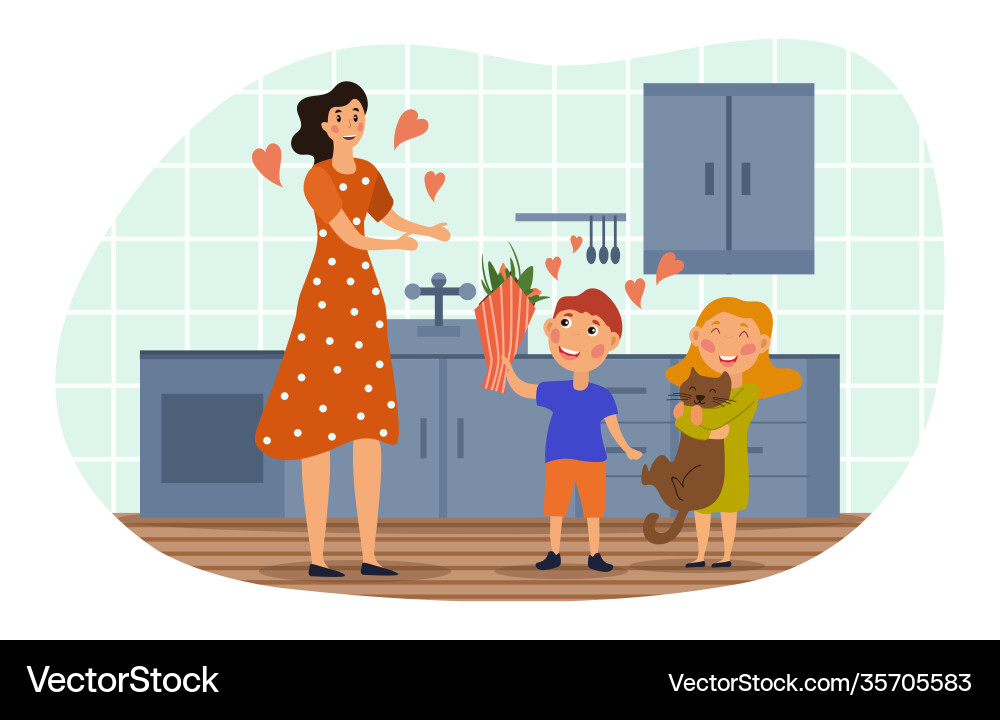 Loving brother and sister giving mom flowers Loving brother and sister giving mom flowers vector image