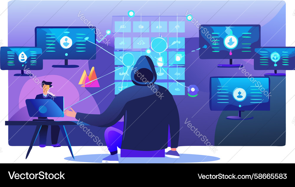 Tech experts in data center monitoring complex Vector Image