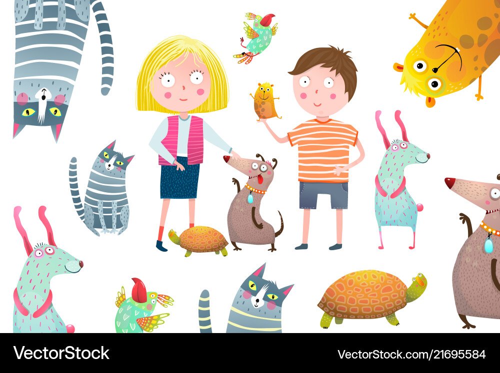 Boy and girl kids with pets collage design Boy and girl kids with pets collage design vector image