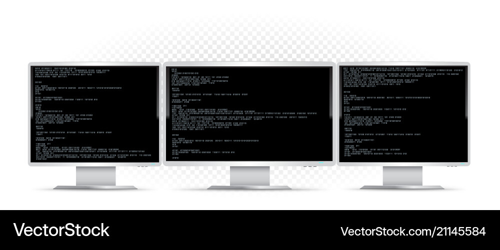 Three white monitor set and code Three white monitor set and code Vector Image