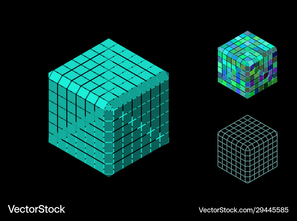 Abstract polygonal cube with cuts set isometric Vector Image