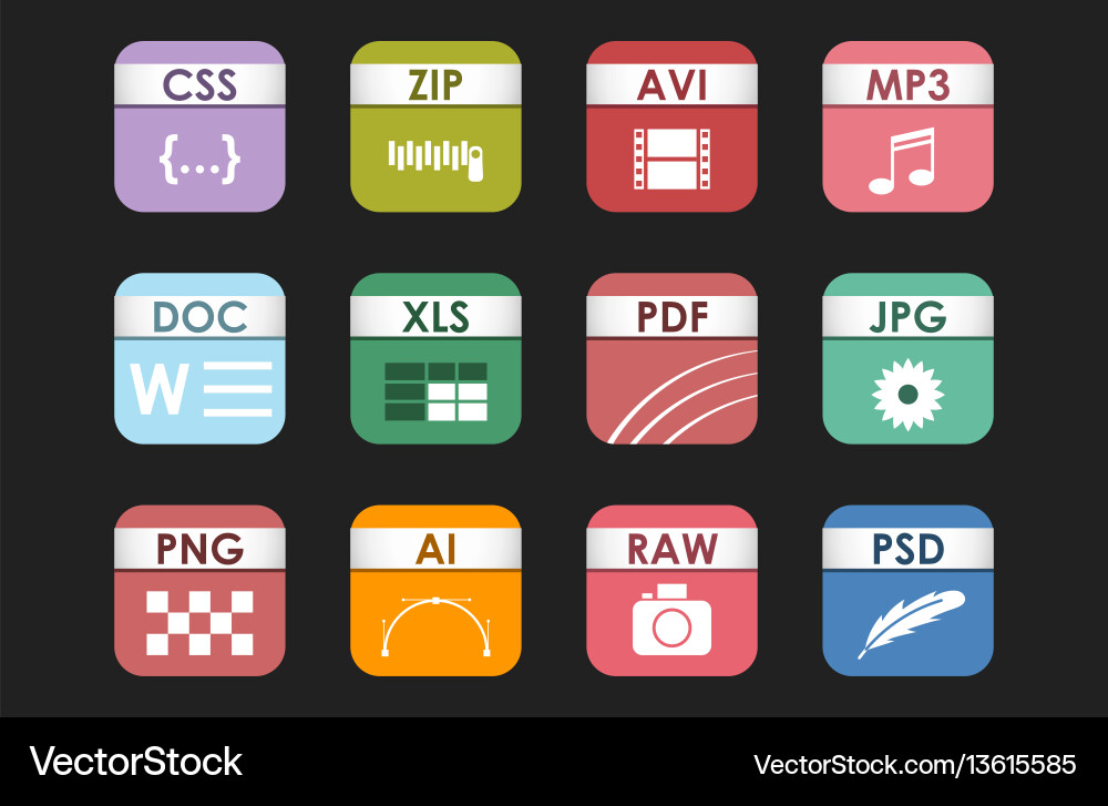 Simple square file types formats labels icon set Vector Image