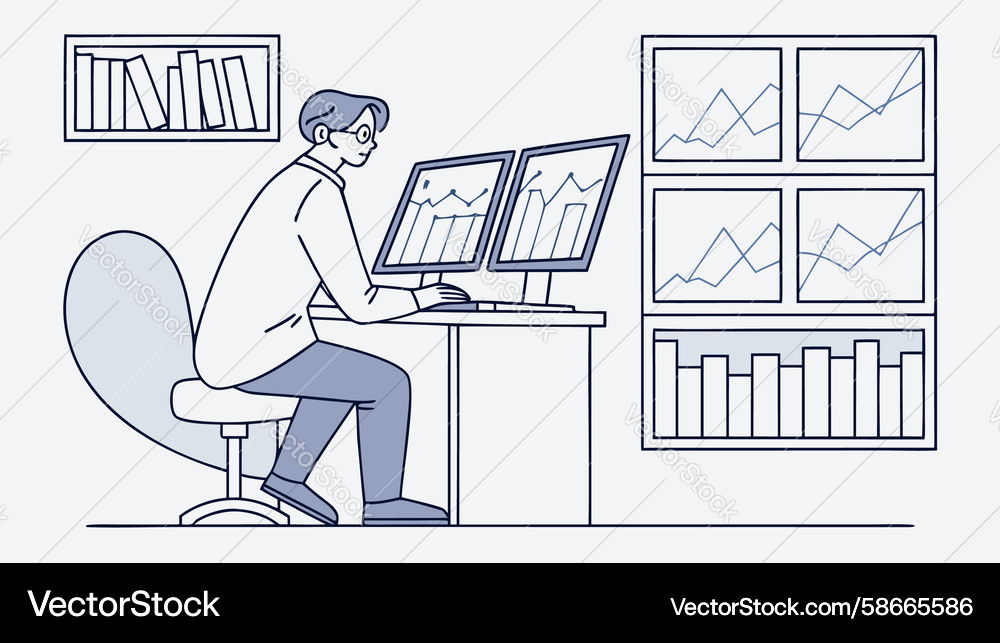 Man working on computer analyzing data charts Vector Image