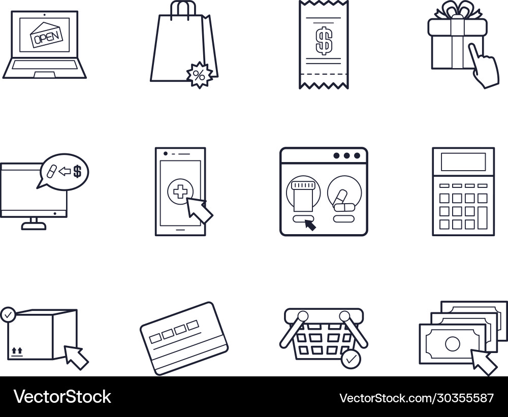 Computers and shopping online icon set line style Vector Image