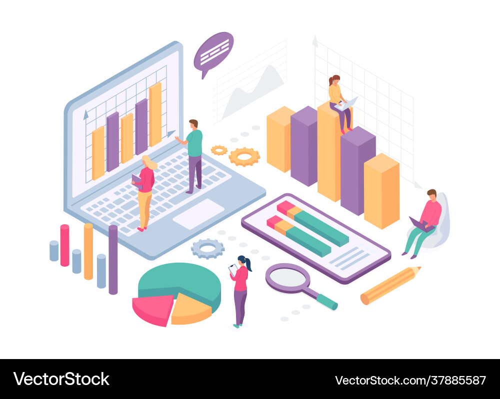 Isometric business analysis people work with data vector image