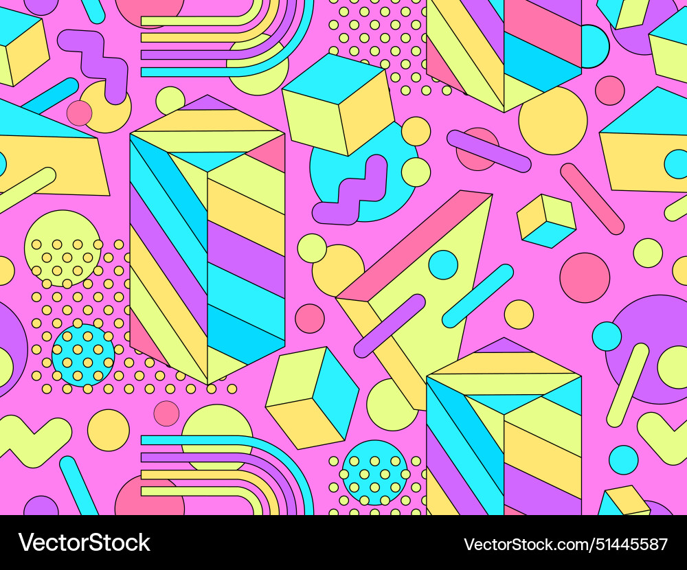 Memphis geometric seamless pattern with 3d shapes Memphis geometric seamless pattern with 3d shapes vector image