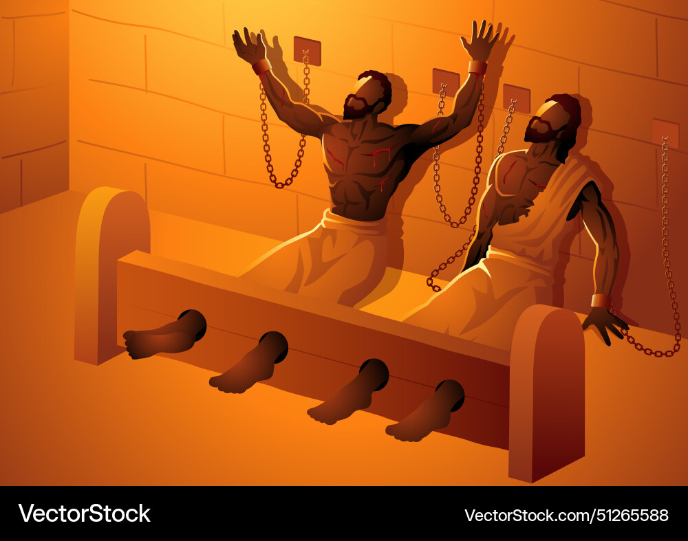 Biblical silhouette paul and silas in prison Biblical silhouette paul and silas in prison vector image