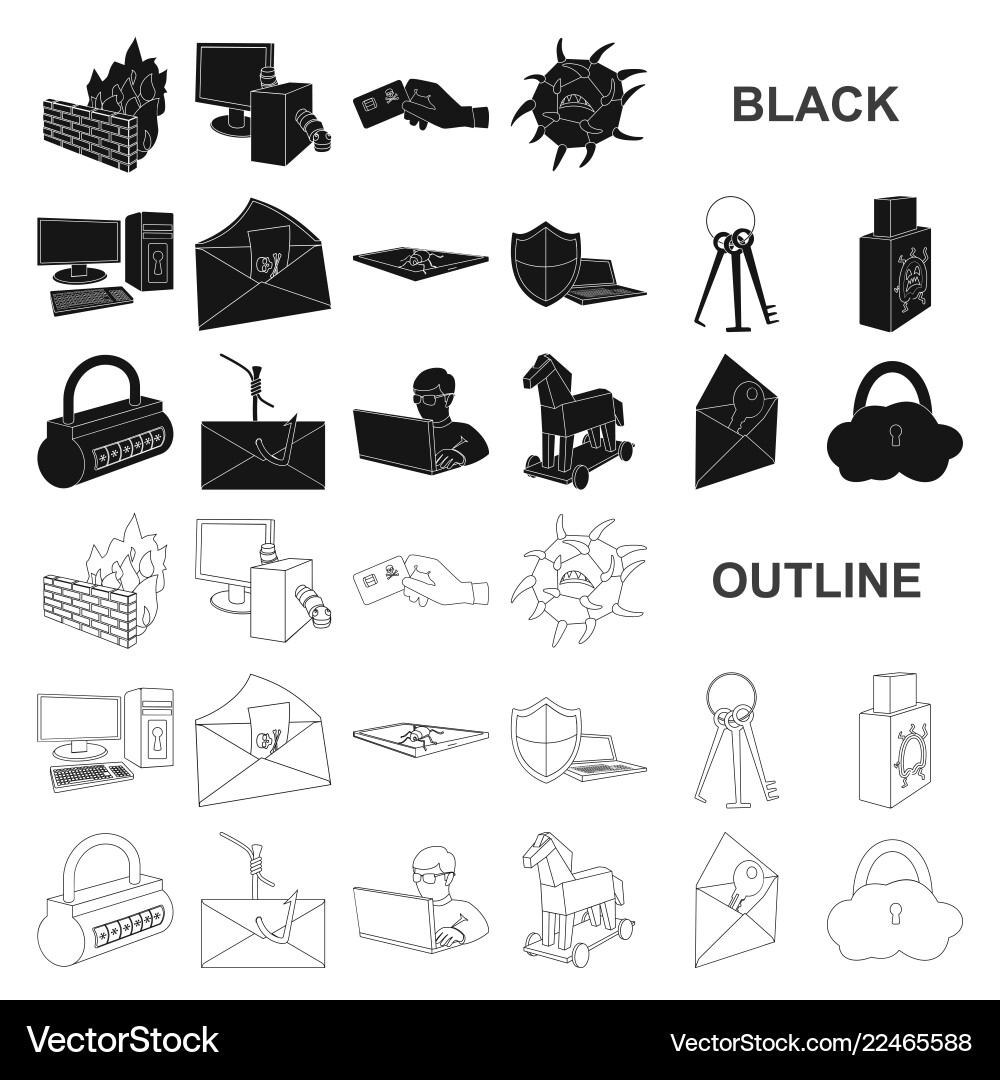 Hacker and hacking black icons in set collection Hacker and hacking black icons in set collection Vector Image