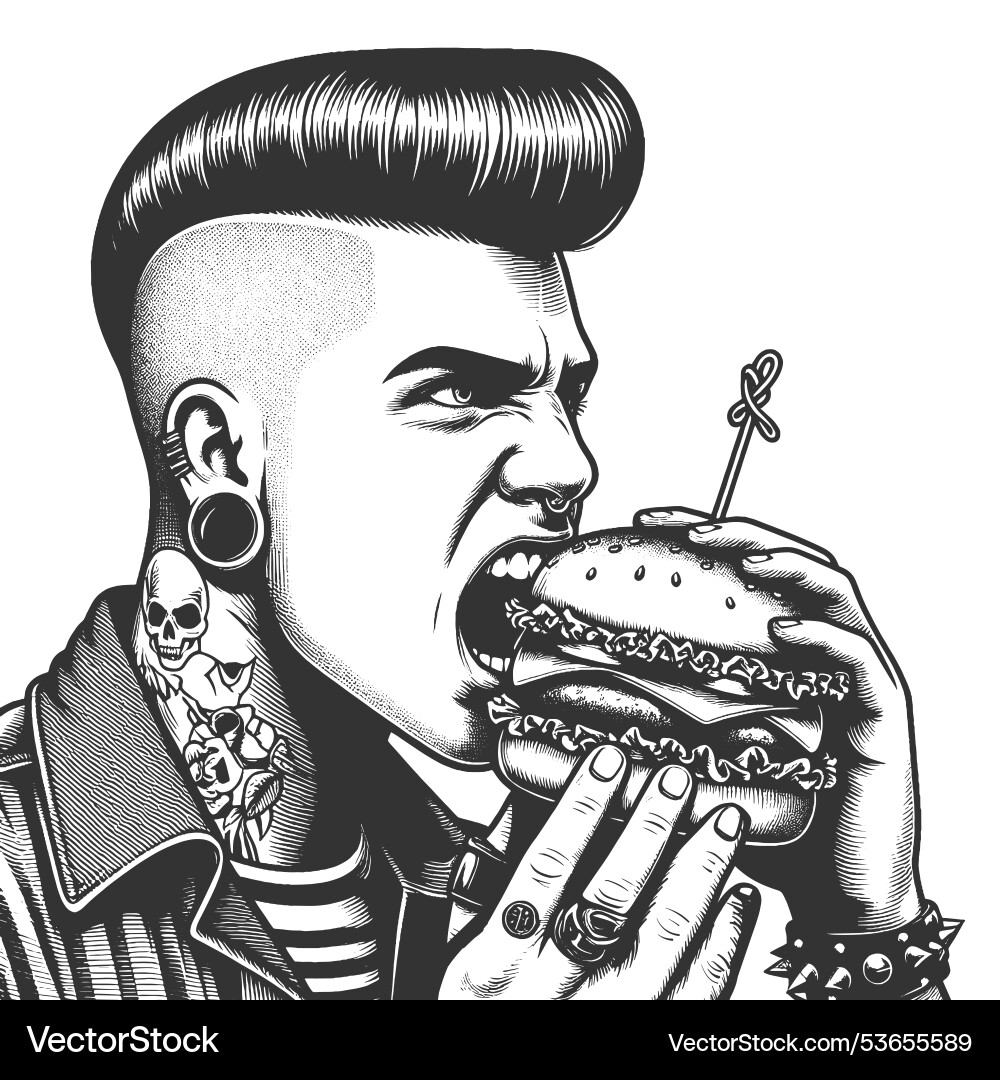 Punk rocker eating burger engraving Punk rocker eating burger engraving Vector Image
