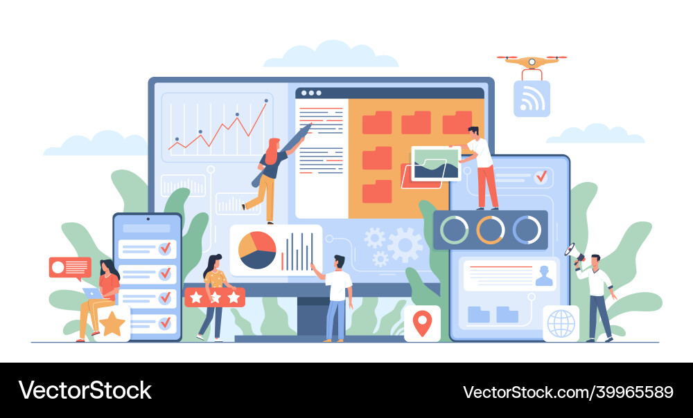 Web Development: Tiny People & Devices Vector Image