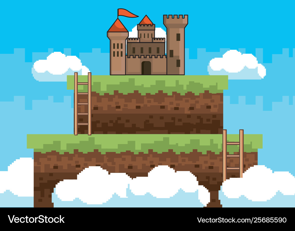 Arcade game world and pixel scene design Vector Image