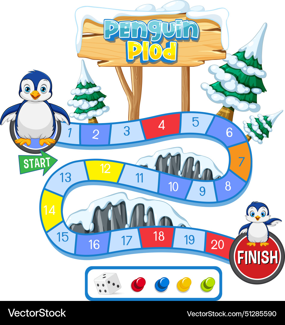 Colorful board game layout with penguin characters Vector Image